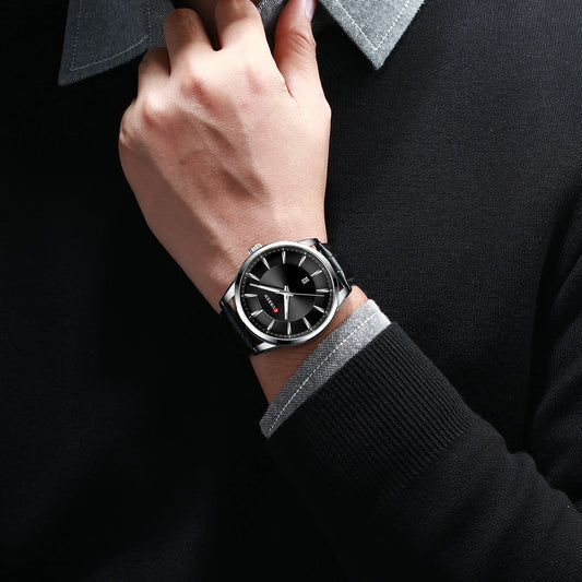 Curren classic black dial men’s watch with silver stainless case and leather strap