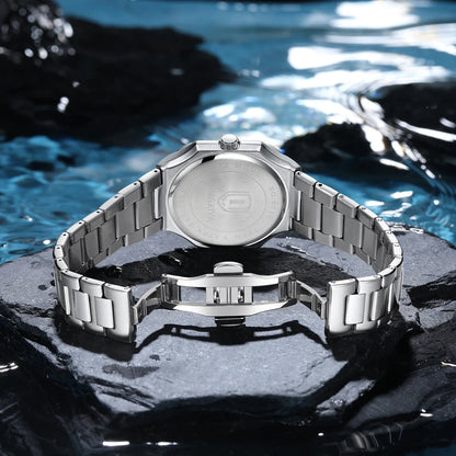 Modern men’s square stainless steel watch with textured dial and link bracelet