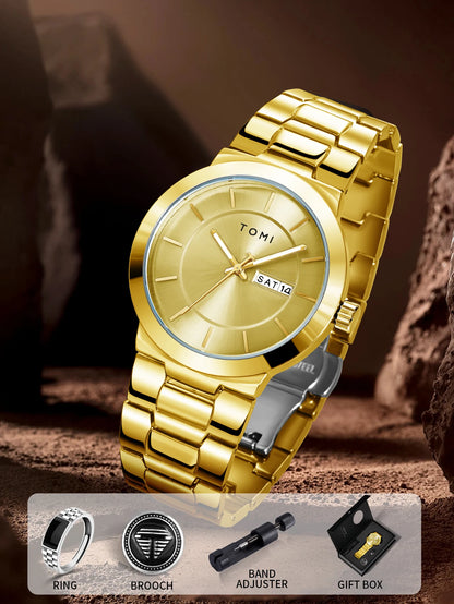 TOMI men’s blue dial minimalist watch with stainless steel bracelet and date display