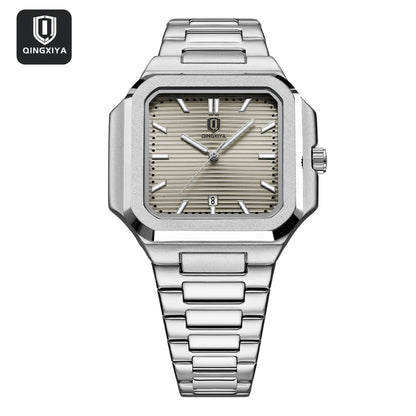 Modern men’s square stainless steel watch with textured dial and link bracelet