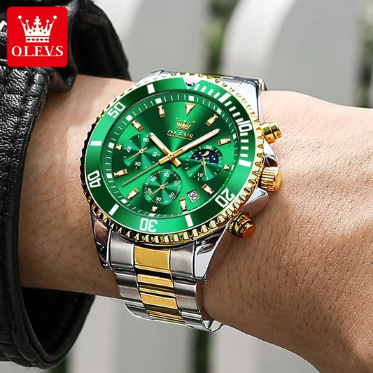 OLEVS chronograph dive watch collection in gold, silver, black, green, and blue with mixed steel bracelets