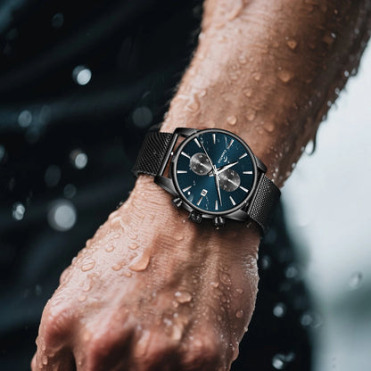 Cheetah black mesh waterproof chronograph watch with blue dial and luminous markers