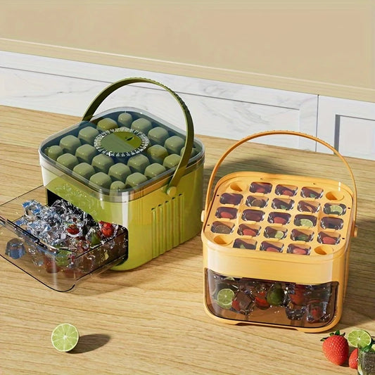 Large capacity ice cube box with easy-release lid, scoop, and clear storage bin