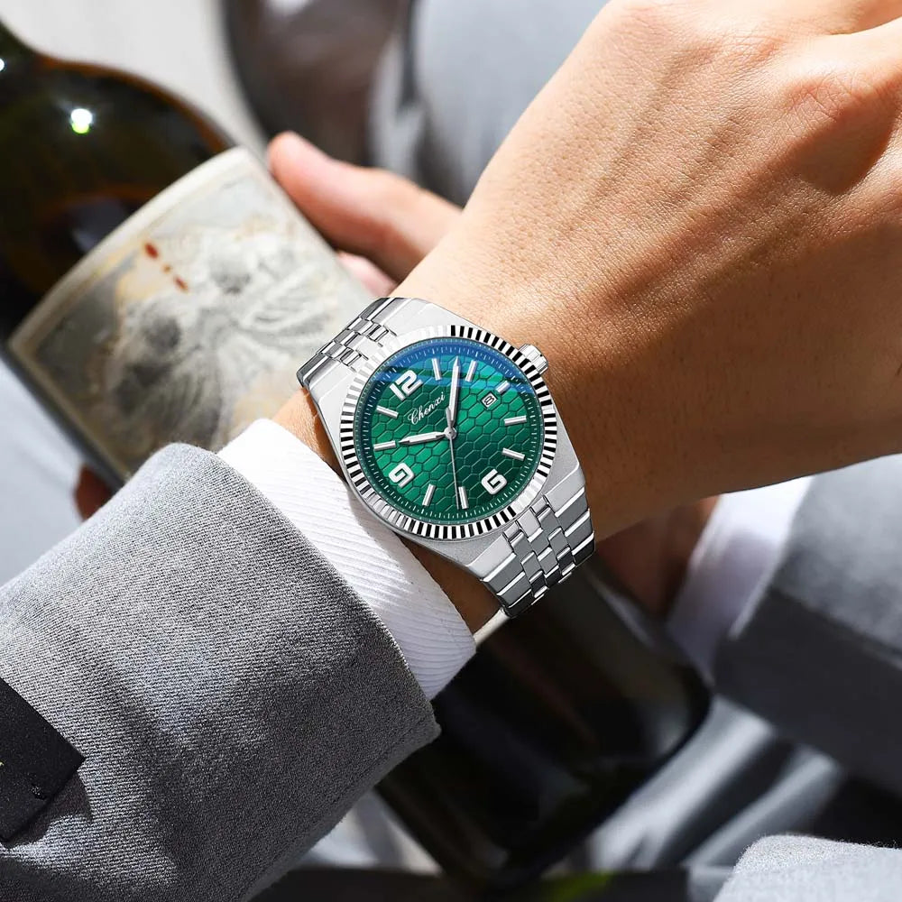 Cheetah men’s luxury watch with green textured dial and stainless steel bracelet