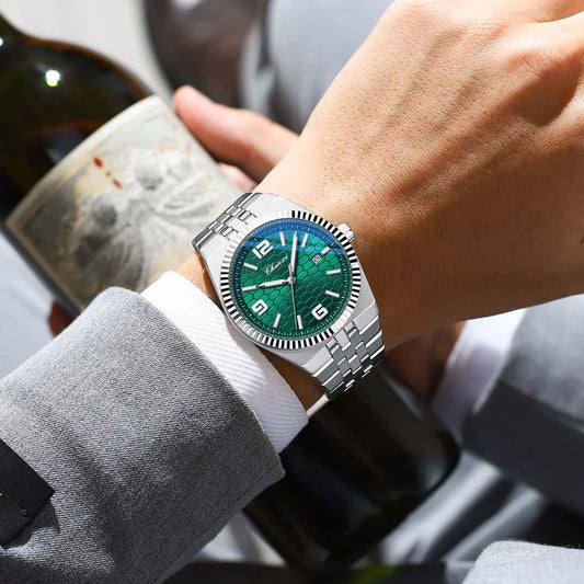 Cheetah men’s luxury watch with green textured dial and stainless steel bracelet