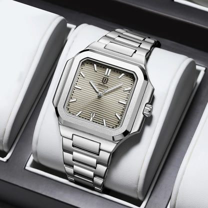 vModern men’s square stainless steel watch with textured dial and link bracelet
