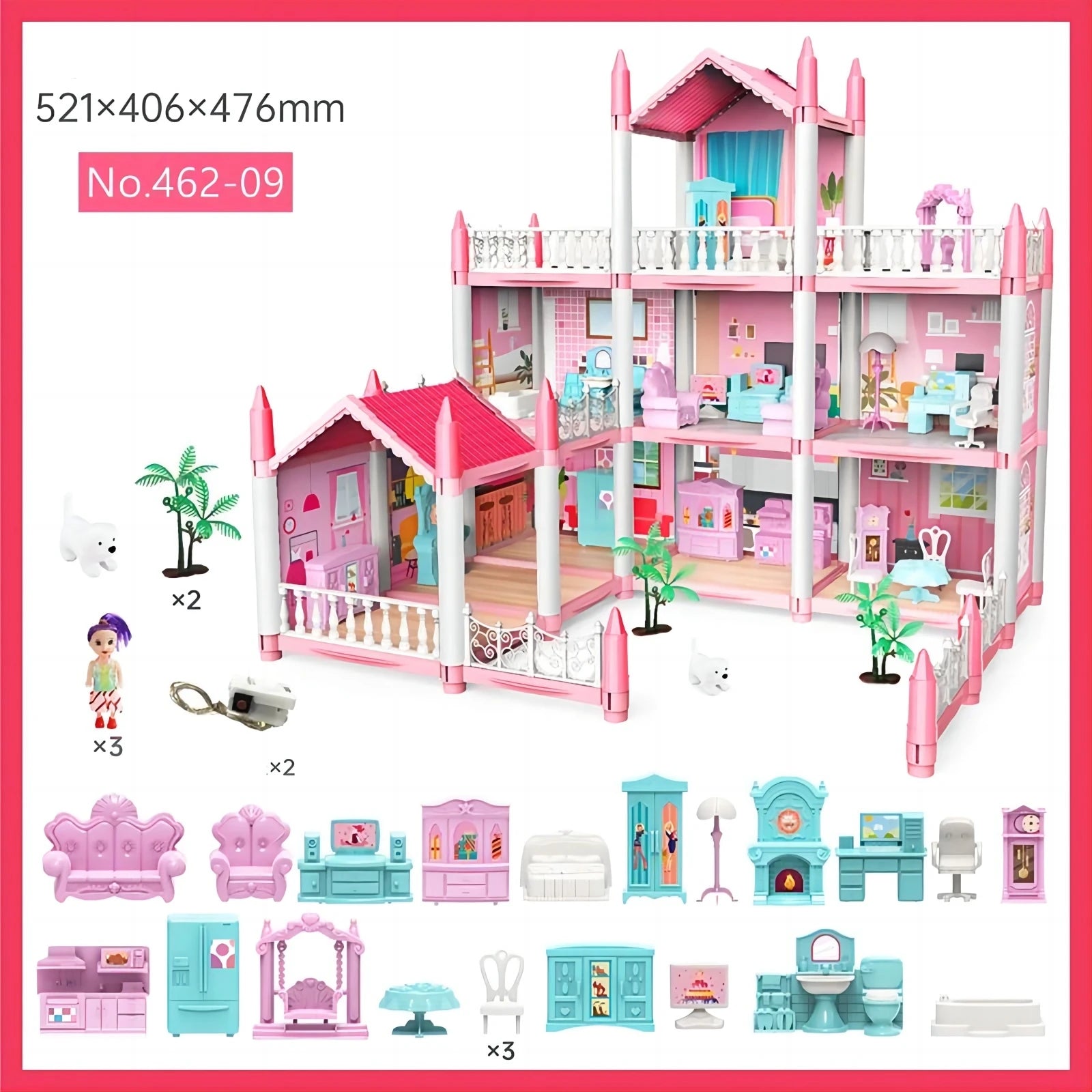 Large multi-story luxury dollhouse playset with family, rooms, and accessories