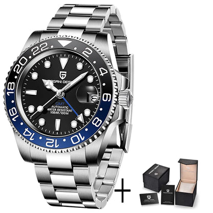 Pagani Design Pepsi GMT automatic men’s watch, red-blue bezel, black dial, Jubilee steel bracelet