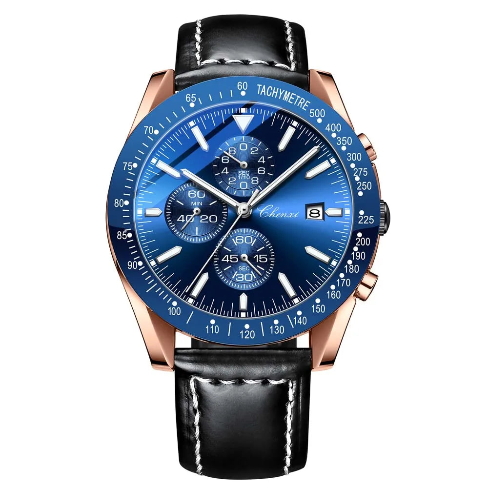 Biden blue racing chronograph watch, leather strap, sunburst dial, subdials, stainless steel case