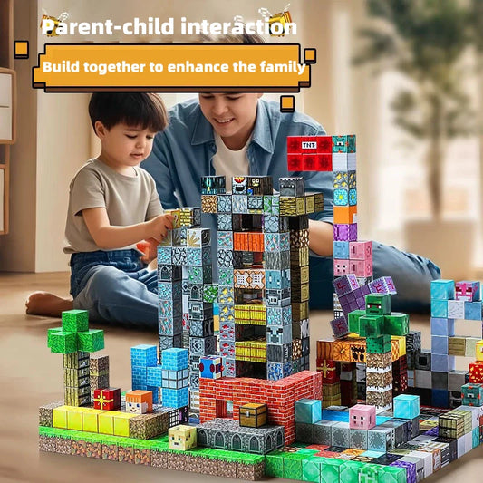 Pixel block building set for family play, colorful cubes, and themed characters