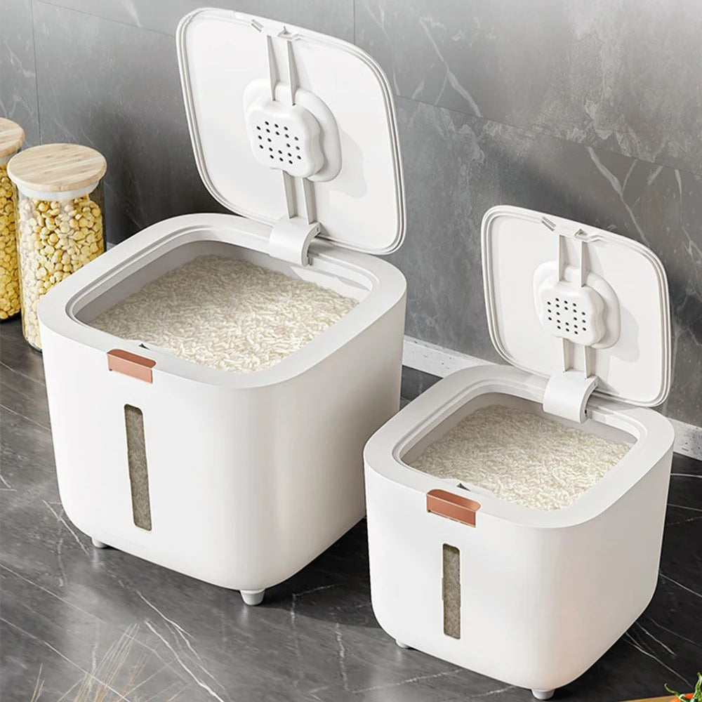 Sealed kitchen rice and grain storage container with moisture absorber and clear window
