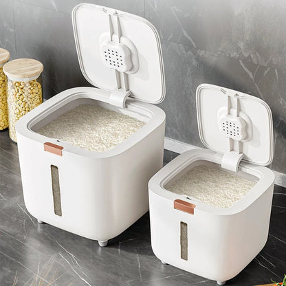 Sealed kitchen rice and grain storage container with moisture absorber and clear window