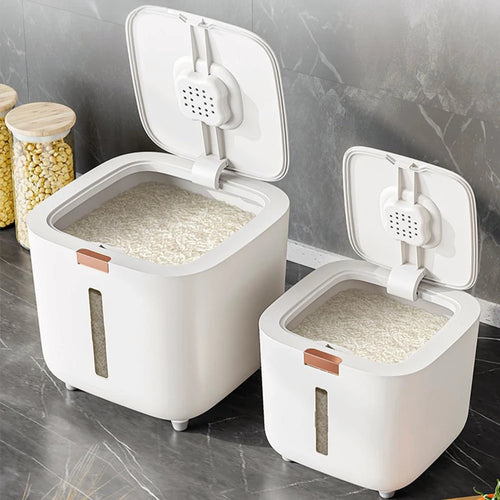 Sealed kitchen rice and grain storage container with moisture absorber and clear window