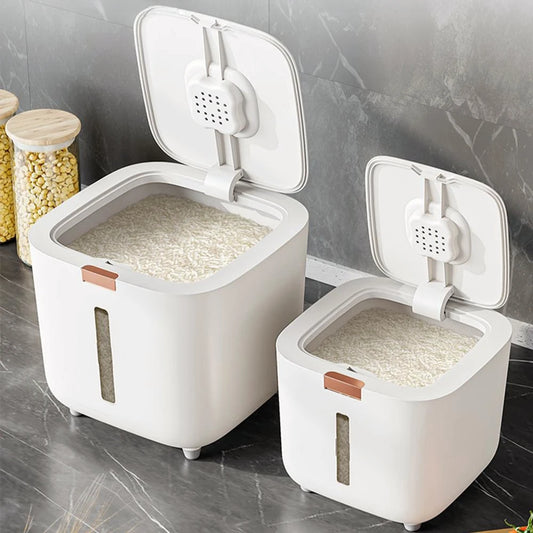 Sealed kitchen rice and grain storage container with moisture absorber and clear window