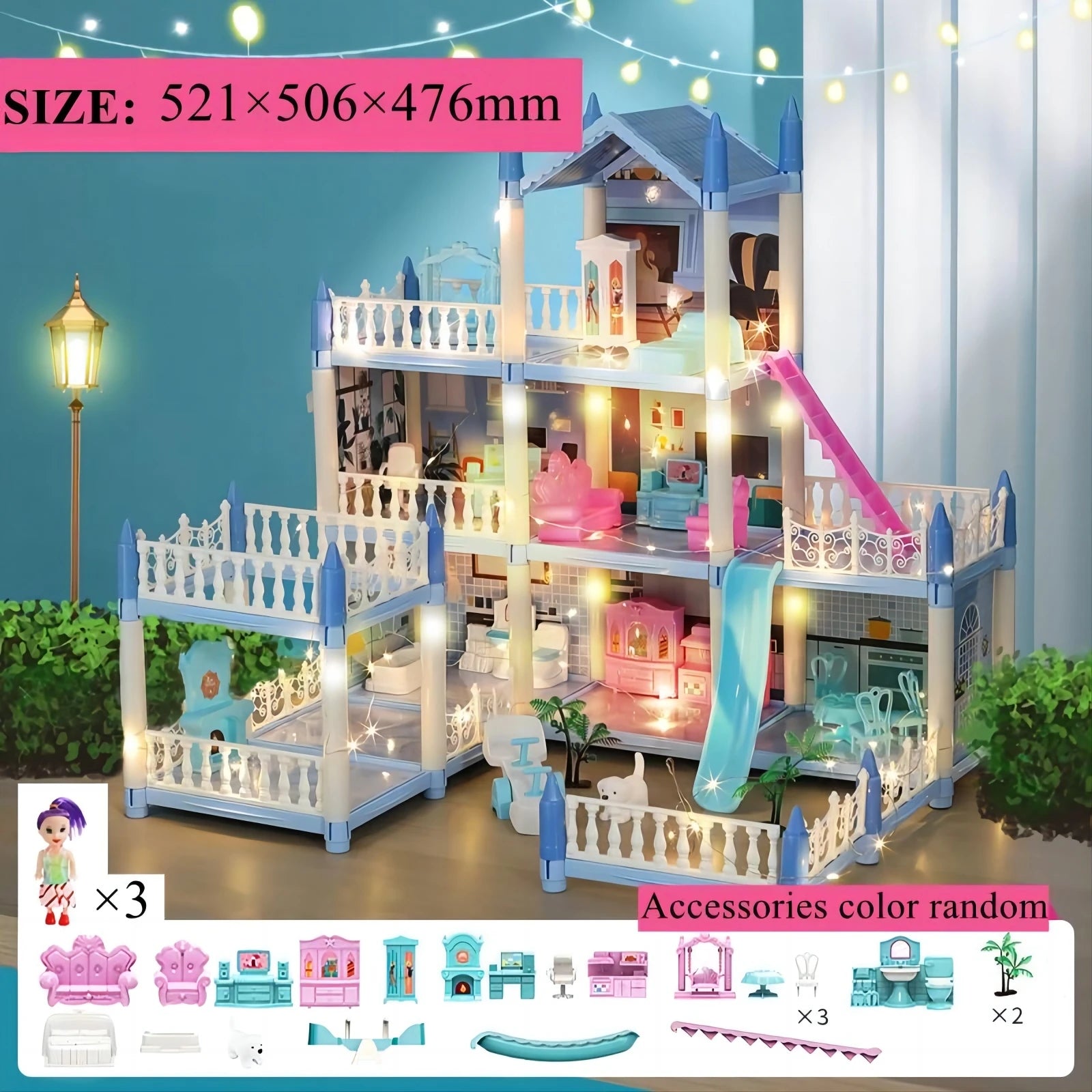 Large multi-story luxury dollhouse playset with family, rooms, and accessories