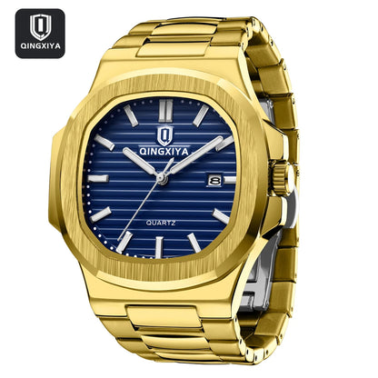 Qingxia gold blue Nautilus quartz watch with blue textured dial and gold link bracelet