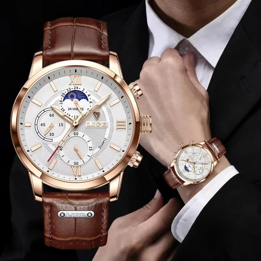 “LIGE rose gold chronograph watch, white dial, brown leather strap, moonphase subdial, formal men’s style