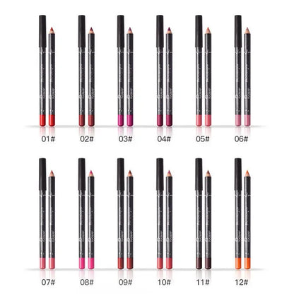 Set of 12 velvet matte lip liners by Pudaier in assorted colors with model makeup looks